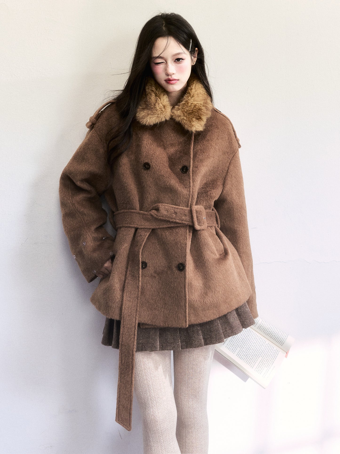 Double-Breasted Fur-Trim Belted Coat