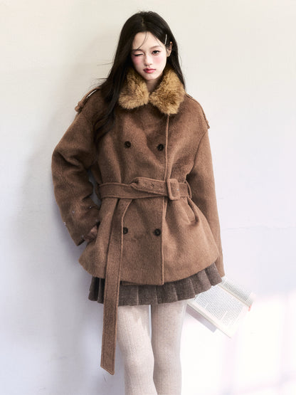 Double-Breasted Fur-Trim Belted Coat