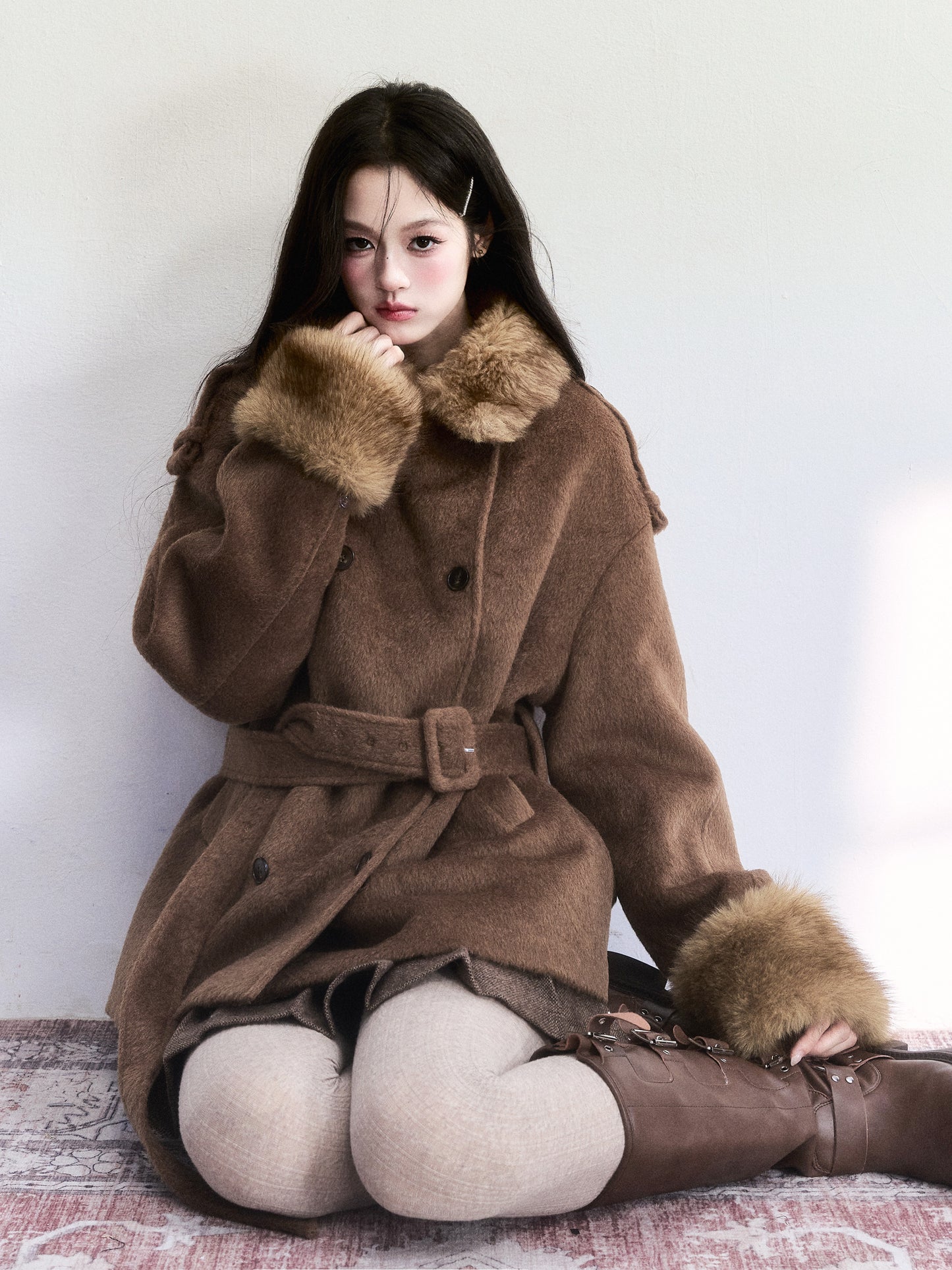 Double-Breasted Fur-Trim Belted Coat