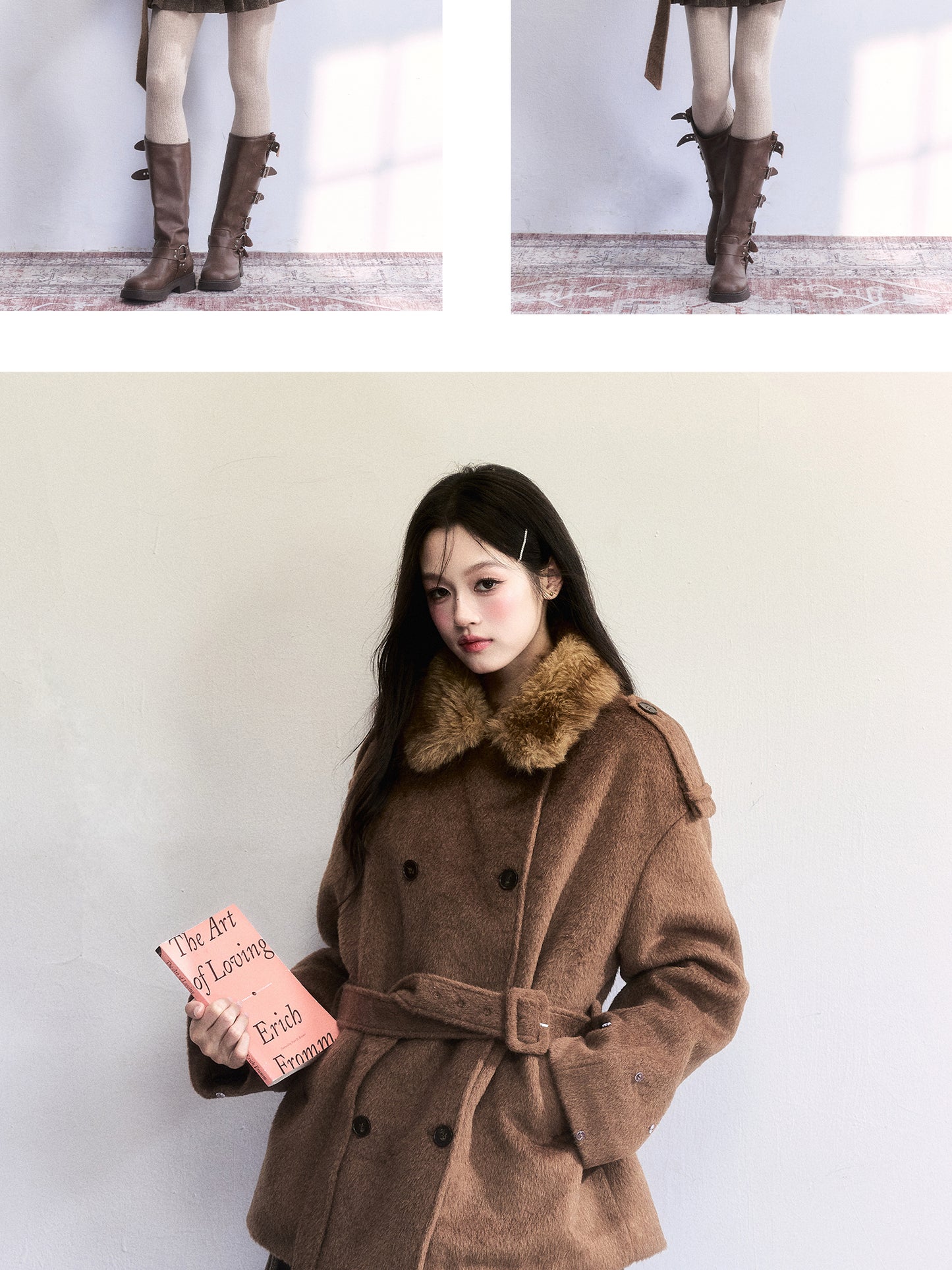 Double-Breasted Fur-Trim Belted Coat