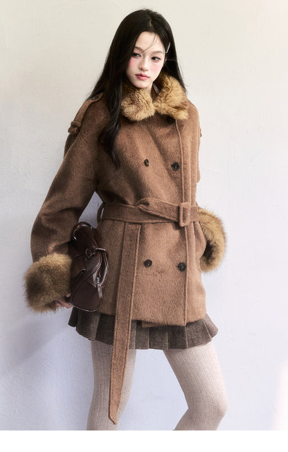 Double-Breasted Fur-Trim Belted Coat