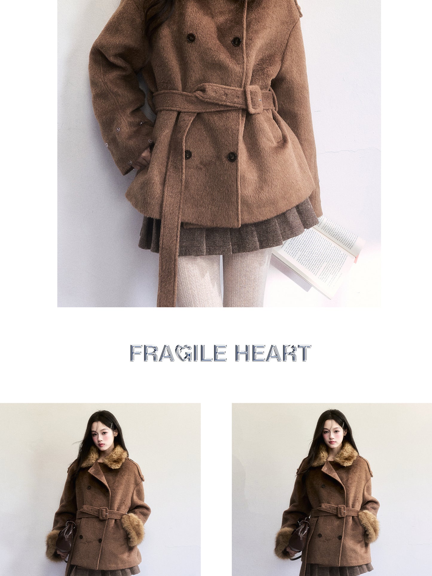 Double-Breasted Fur-Trim Belted Coat