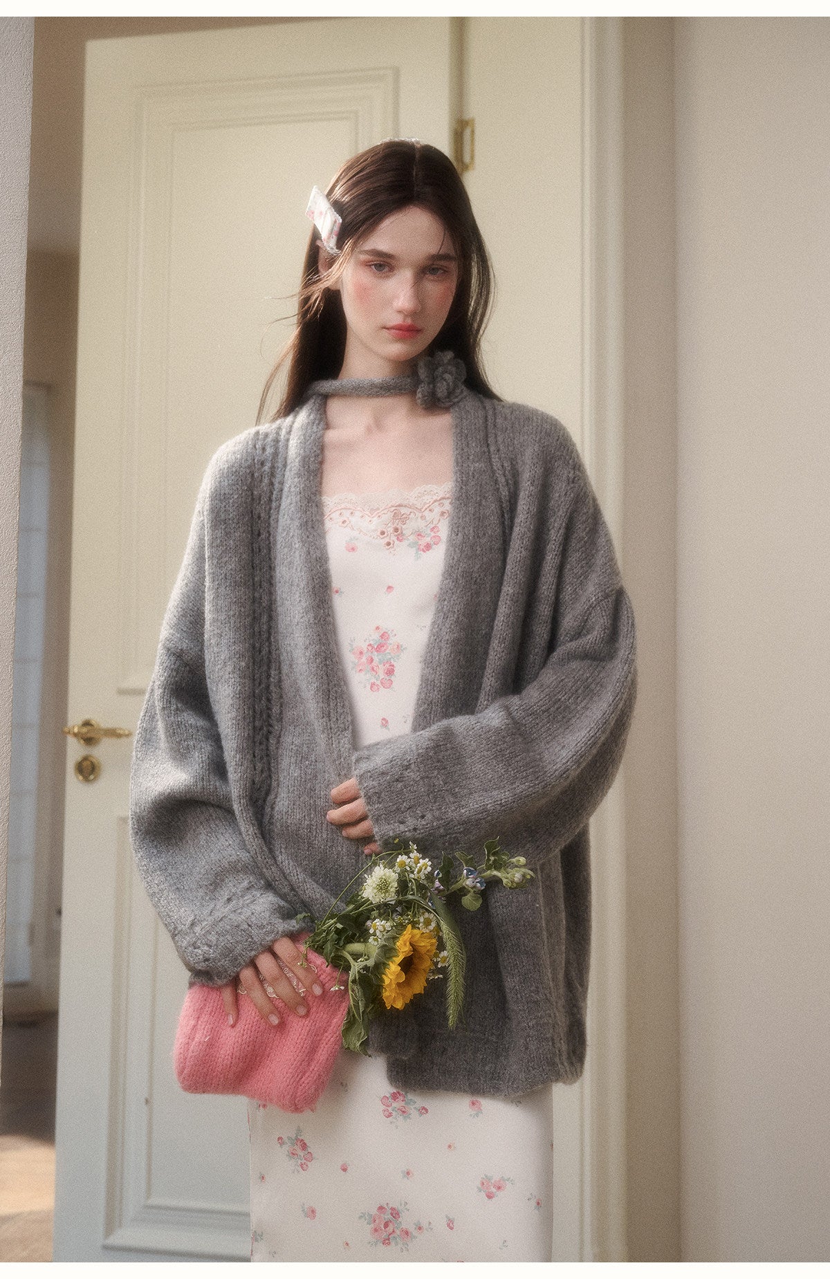 Oversized Open-Knit Cardigan With Flower Accent