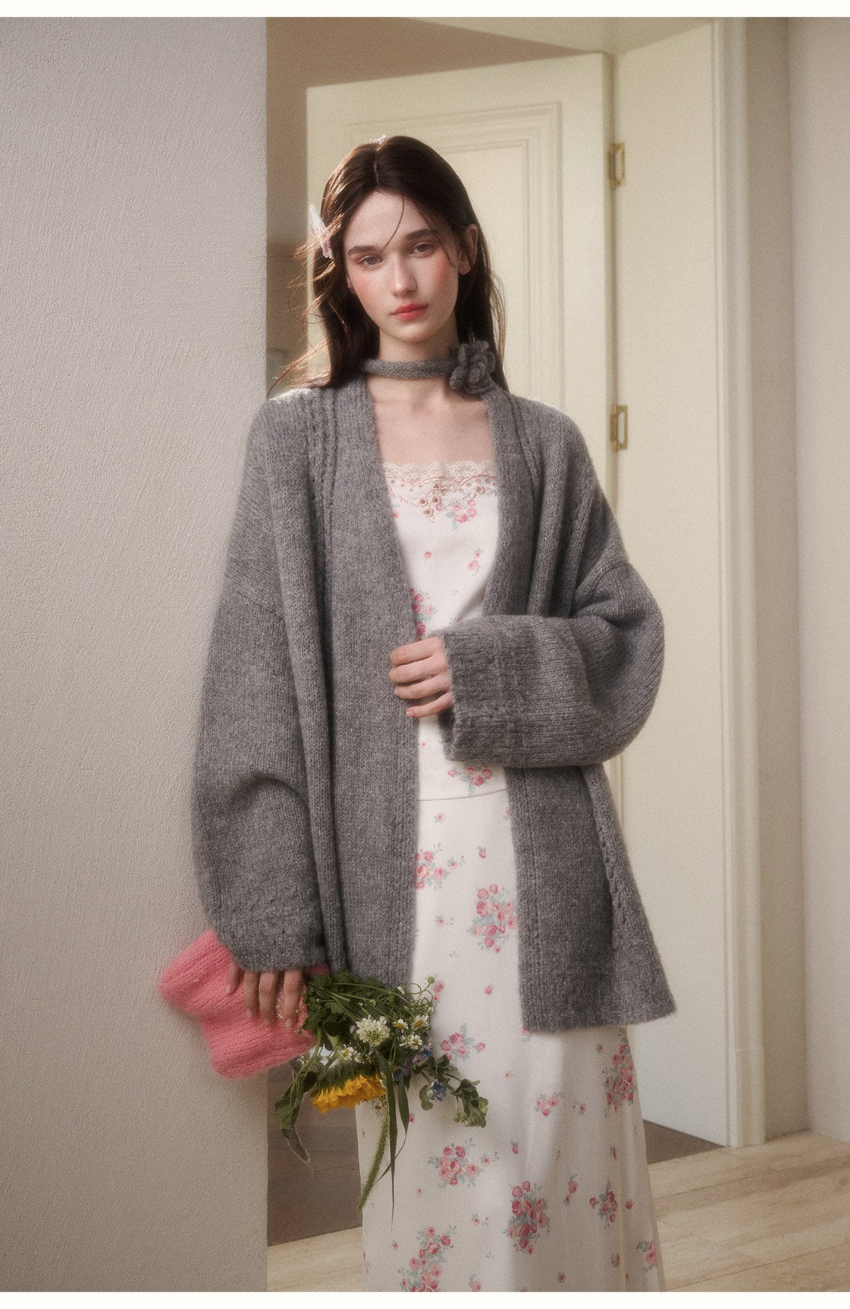 Oversized Open-Knit Cardigan With Flower Accent