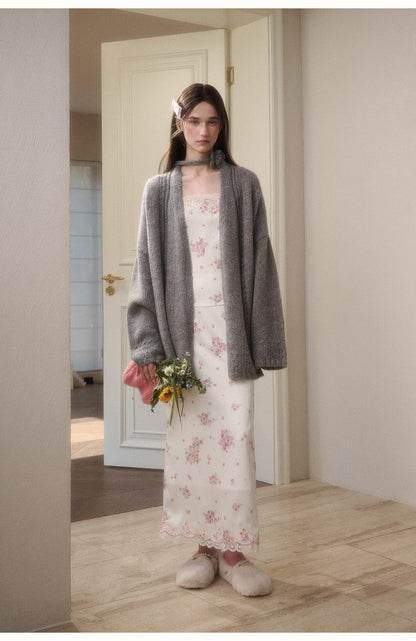 Oversized Open-Knit Cardigan With Flower Accent