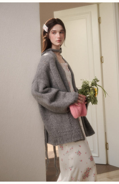 Oversized Open-Knit Cardigan With Flower Accent