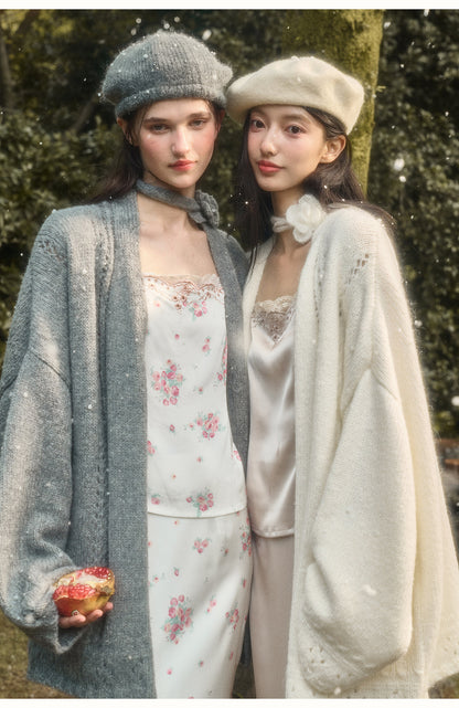 Oversized Open-Knit Cardigan With Flower Accent