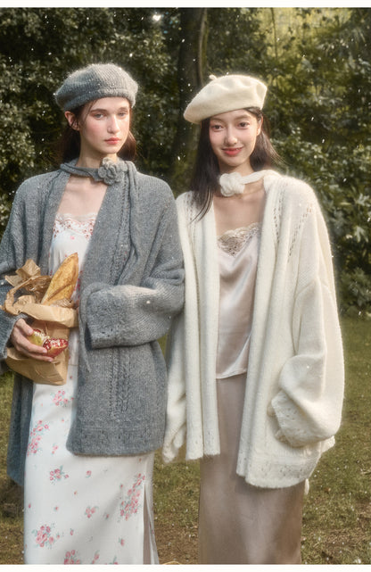 Oversized Open-Knit Cardigan With Flower Accent