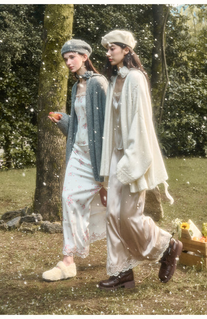 Oversized Open-Knit Cardigan With Flower Accent