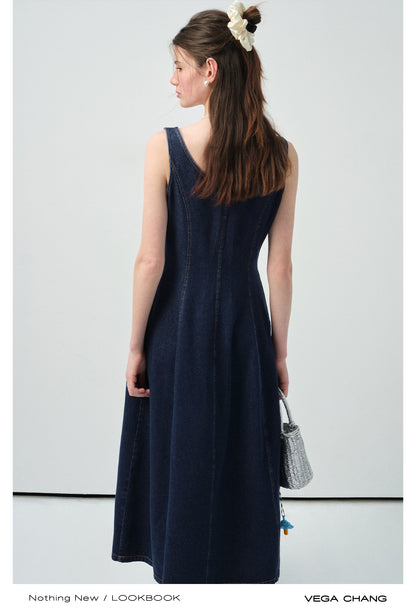 Seamed Sleeveless Denim Maxi Dress