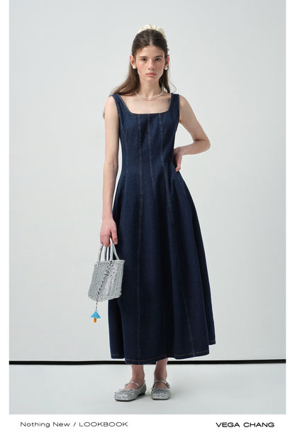 Seamed Sleeveless Denim Maxi Dress