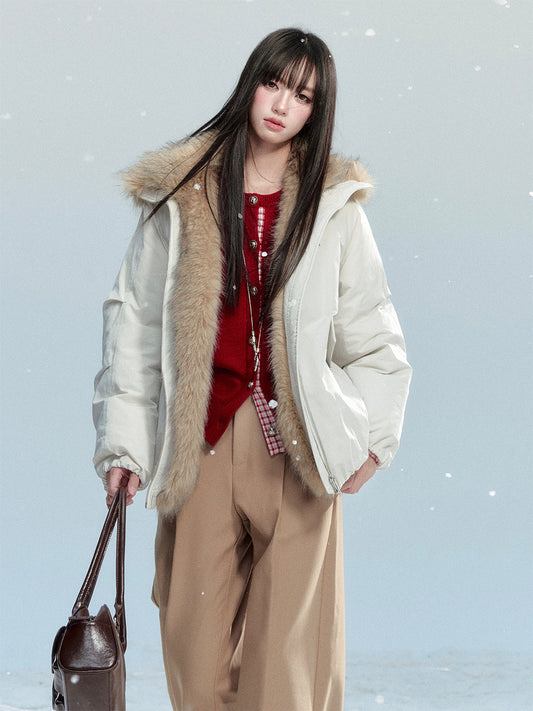 White Duck Down Puffer Jacket (90%) With Faux Fur Collar