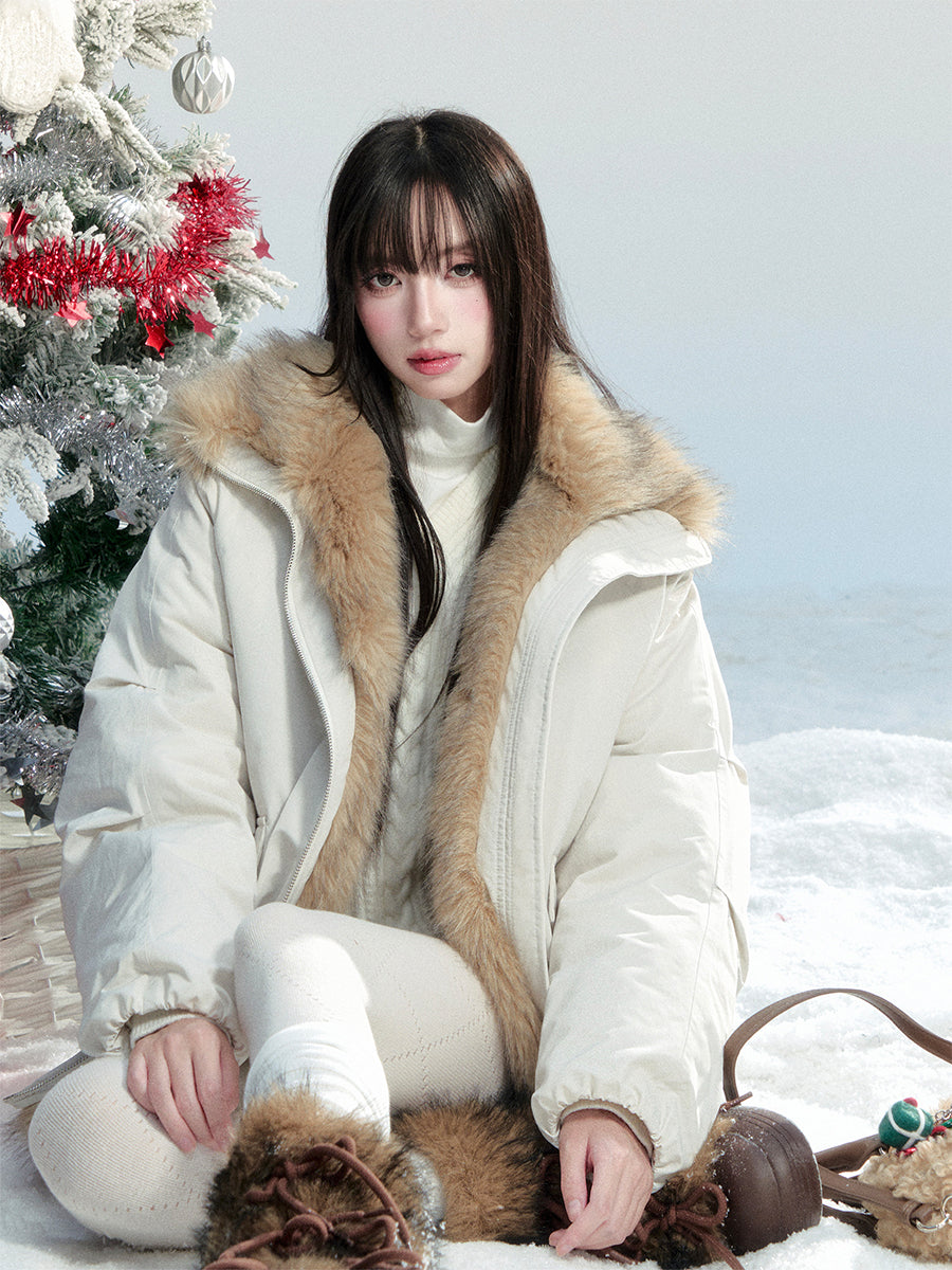 White Duck Down Puffer Jacket (90%) With Faux Fur Collar