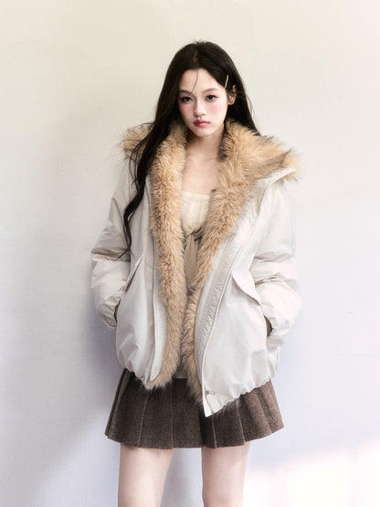 White Duck Down Puffer Jacket (90%) With Faux Fur Collar