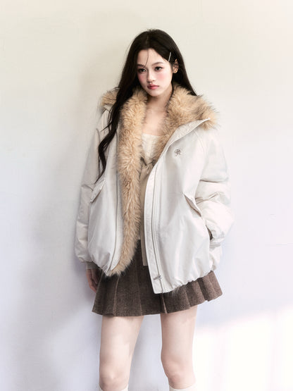 White Duck Down Puffer Jacket (90%) With Faux Fur Collar