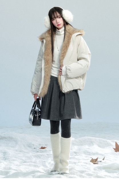 White Duck Down Puffer Jacket (90%) With Faux Fur Collar