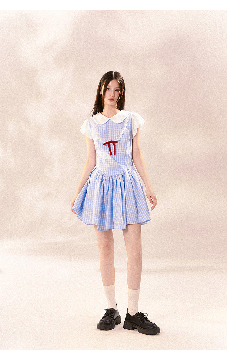 Peter Pan Collar Puff-Sleeved Checkered Dress