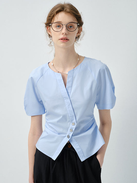 Metal Button Waist-Fitted Crossover Blouse