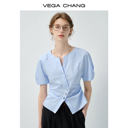 Metal Button Waist-Fitted Crossover Blouse