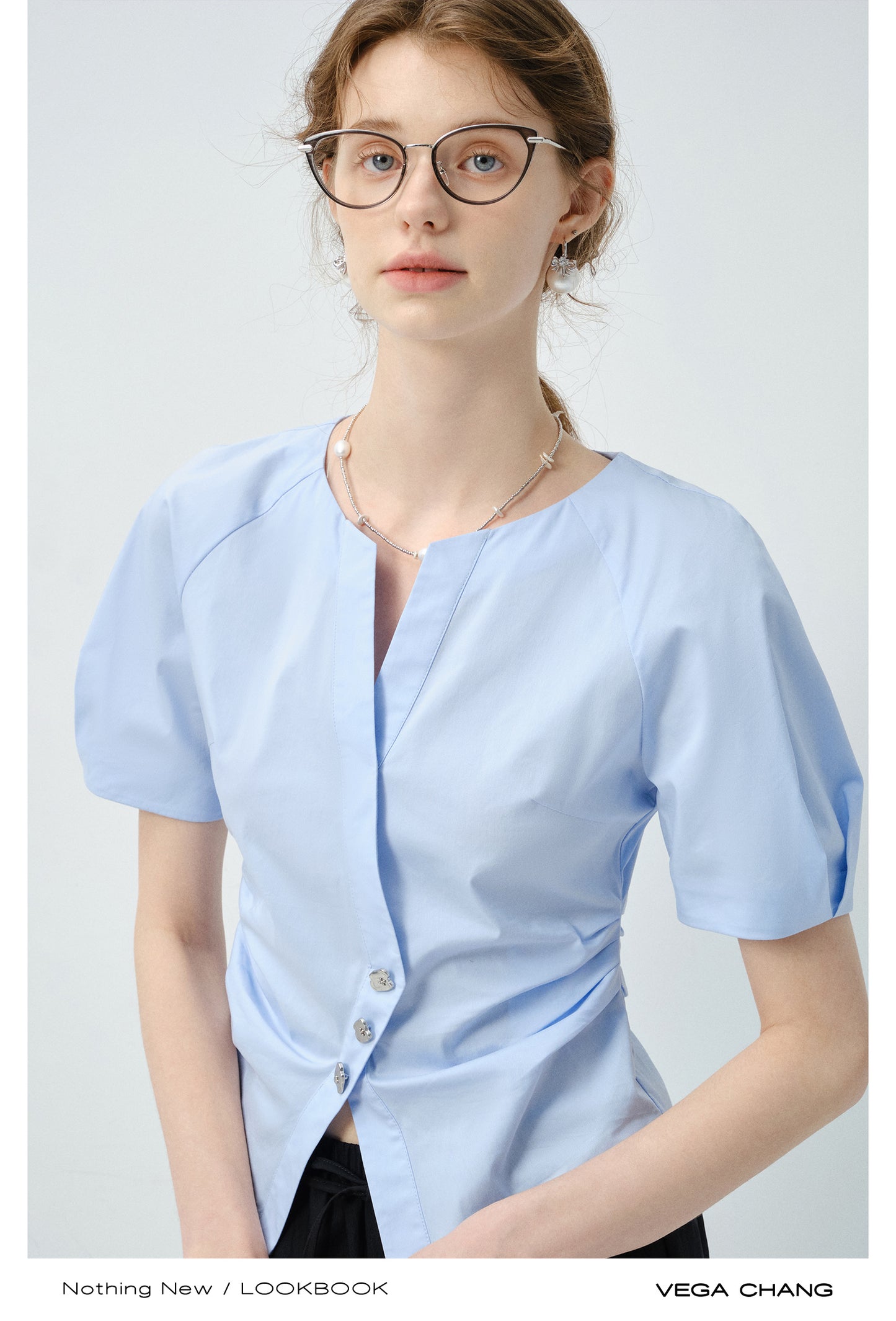 Metal Button Waist-Fitted Crossover Blouse