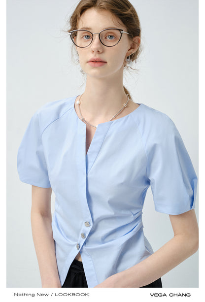 Metal Button Waist-Fitted Crossover Blouse
