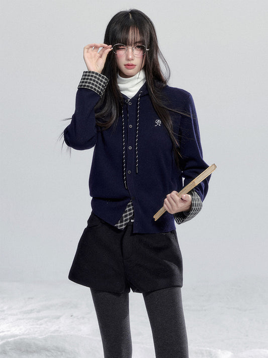 Hooded Knit Top With Plaid Details