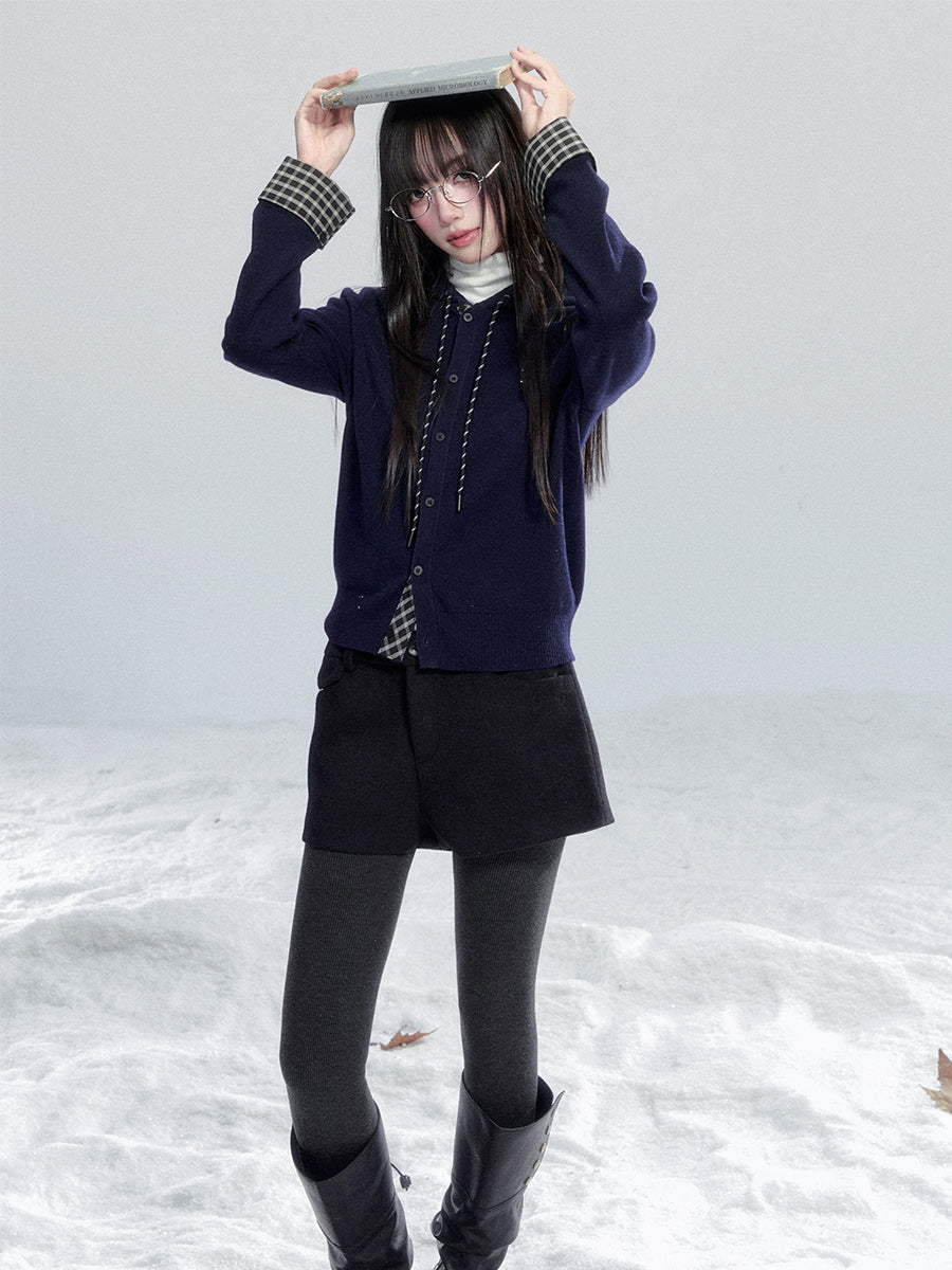 Hooded Knit Top With Plaid Details