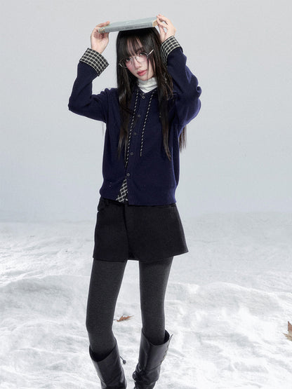 Hooded Knit Top With Plaid Details