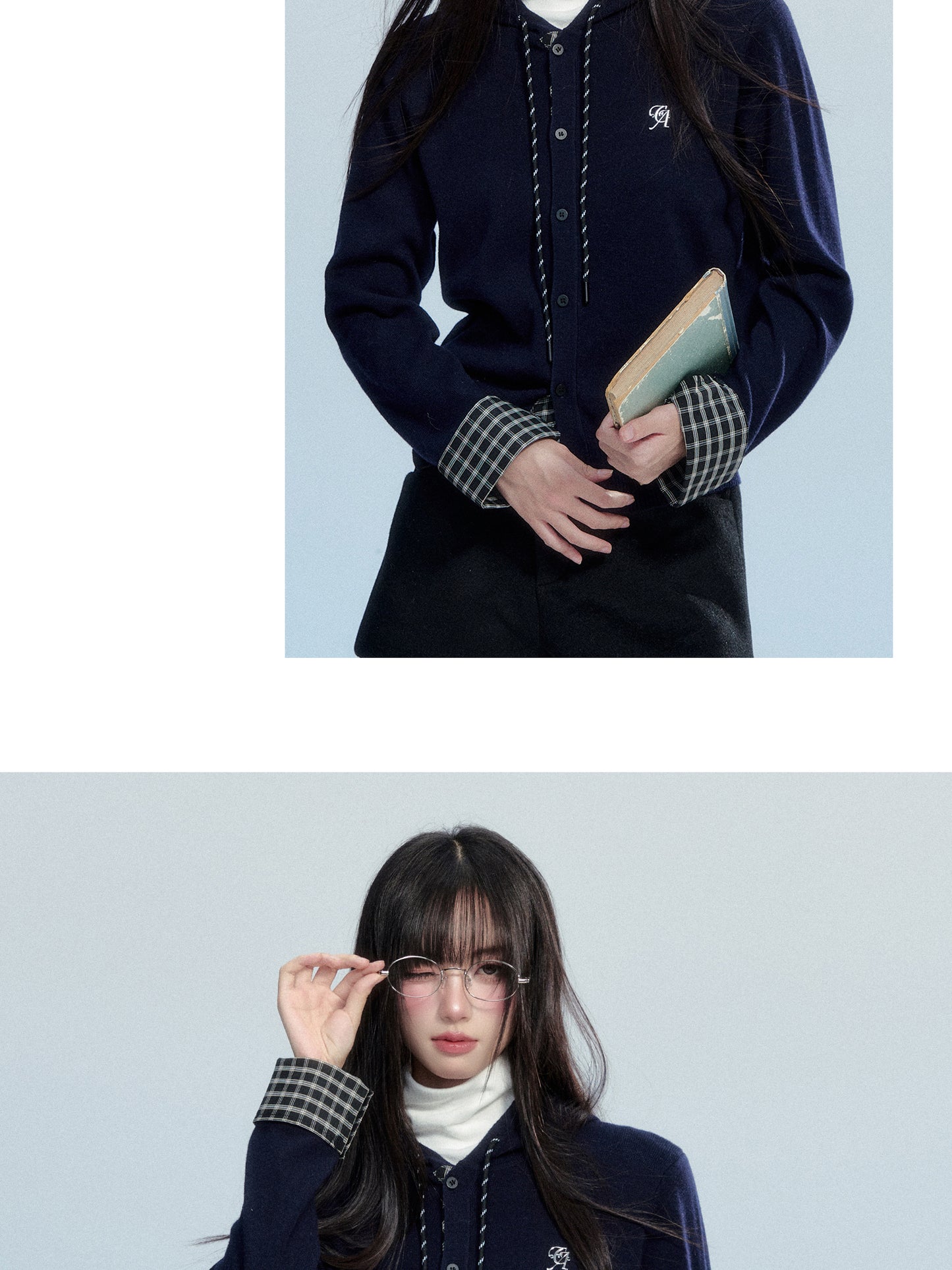 Hooded Knit Top With Plaid Details