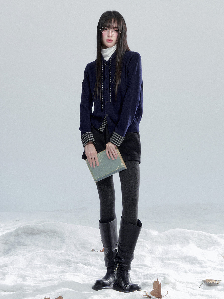 Hooded Knit Top With Plaid Details