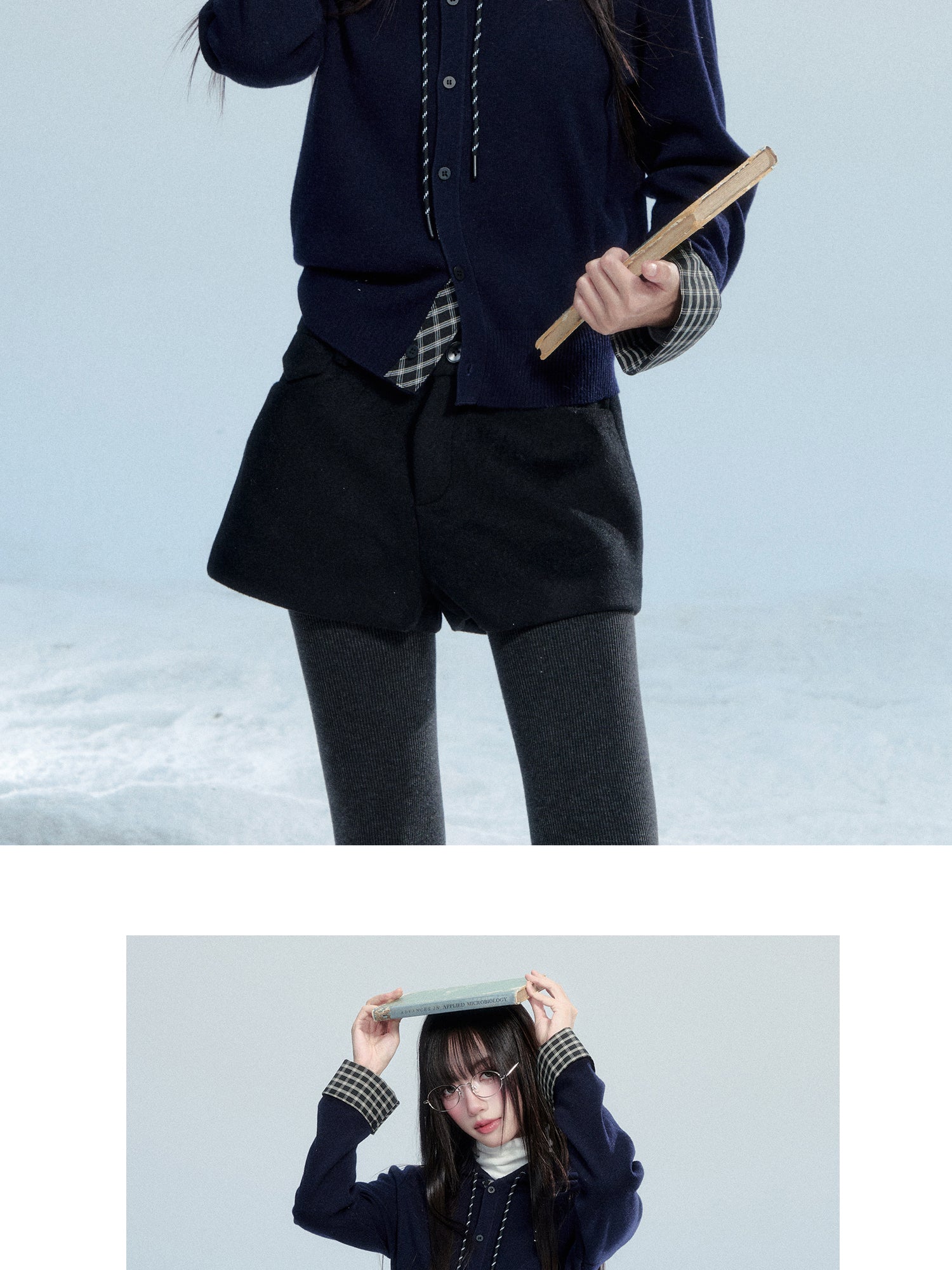 Hooded Knit Top With Plaid Details