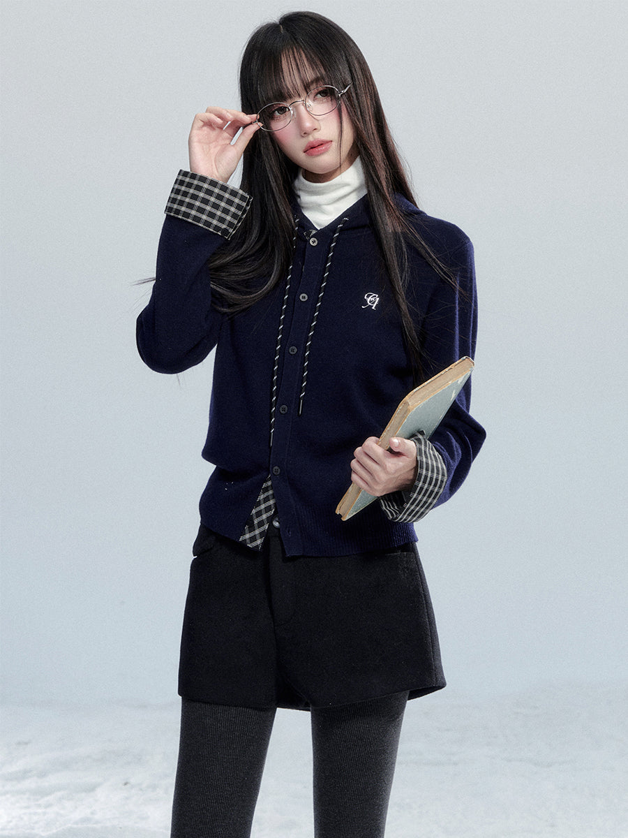 Hooded Knit Top With Plaid Details