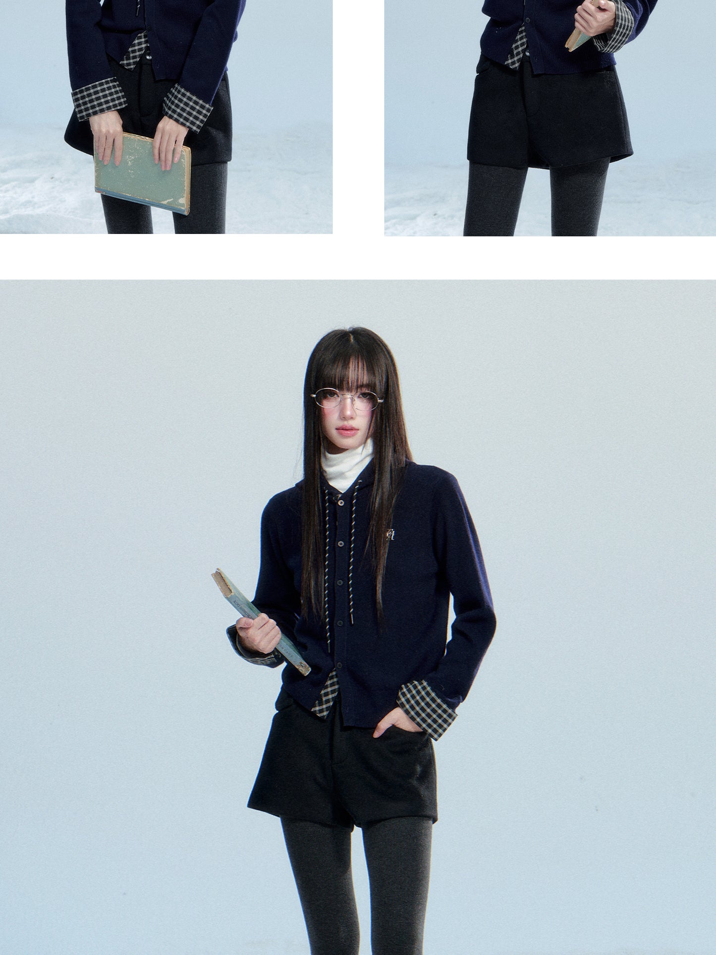 Hooded Knit Top With Plaid Details