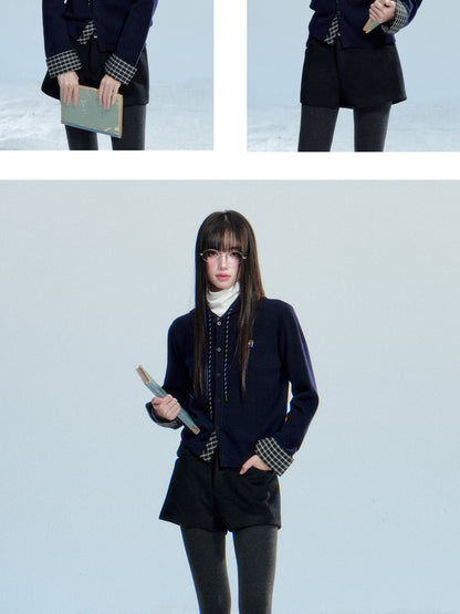 Hooded Knit Top With Plaid Details