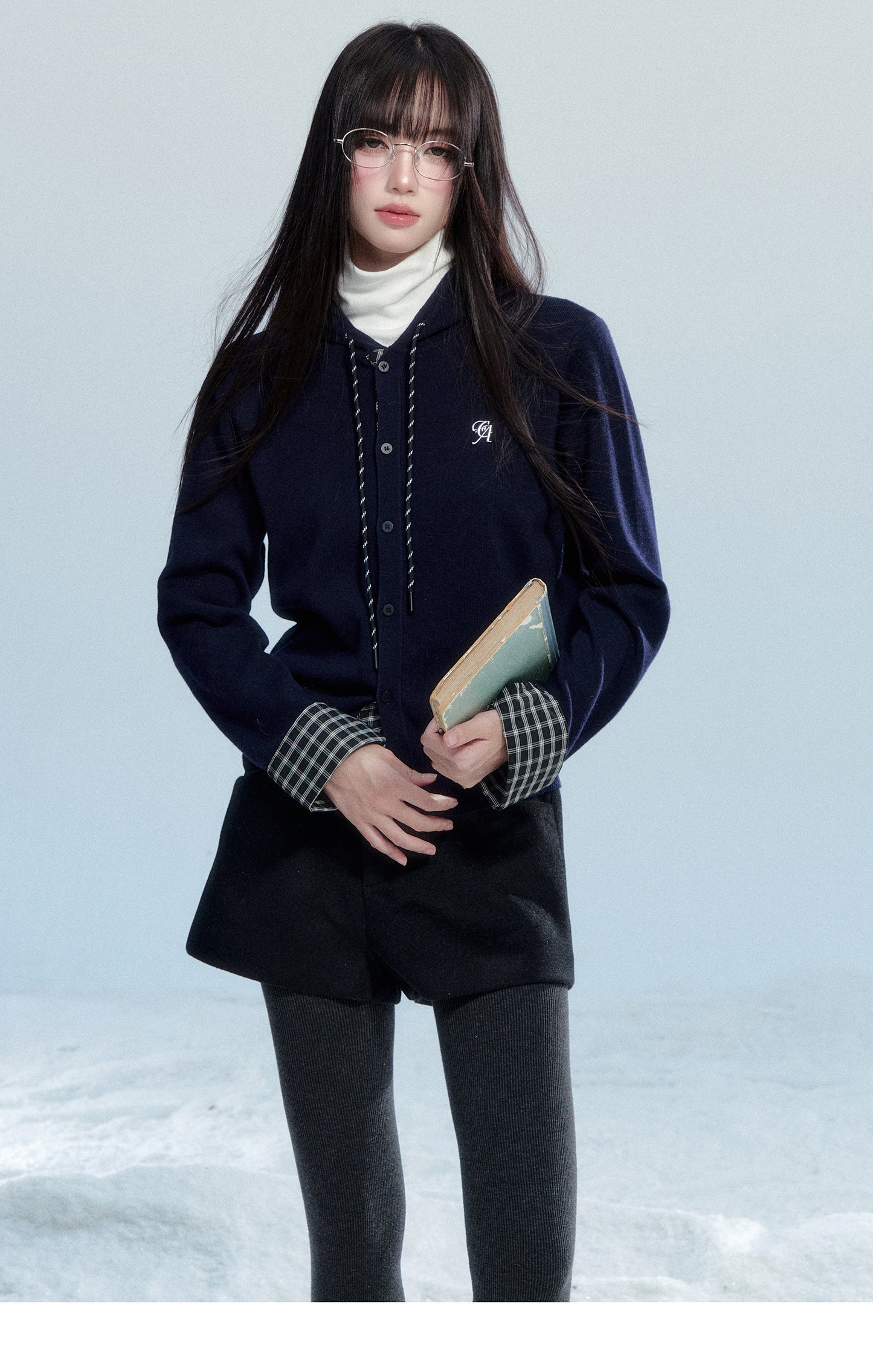 Hooded Knit Top With Plaid Details