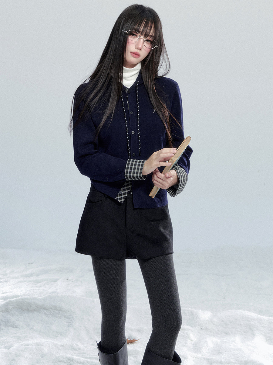 Hooded Knit Top With Plaid Details