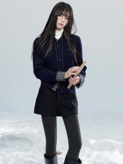 Hooded Knit Top With Plaid Details