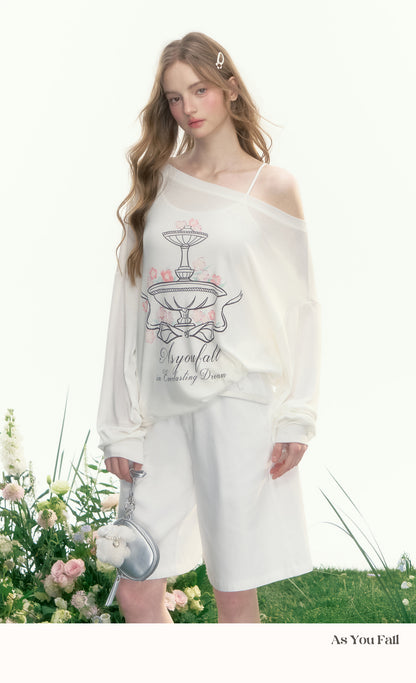 Printed Off-Shoulder Relaxed Fit T-Shirt