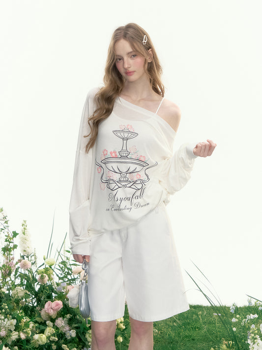 Printed Off-Shoulder Relaxed Fit T-Shirt
