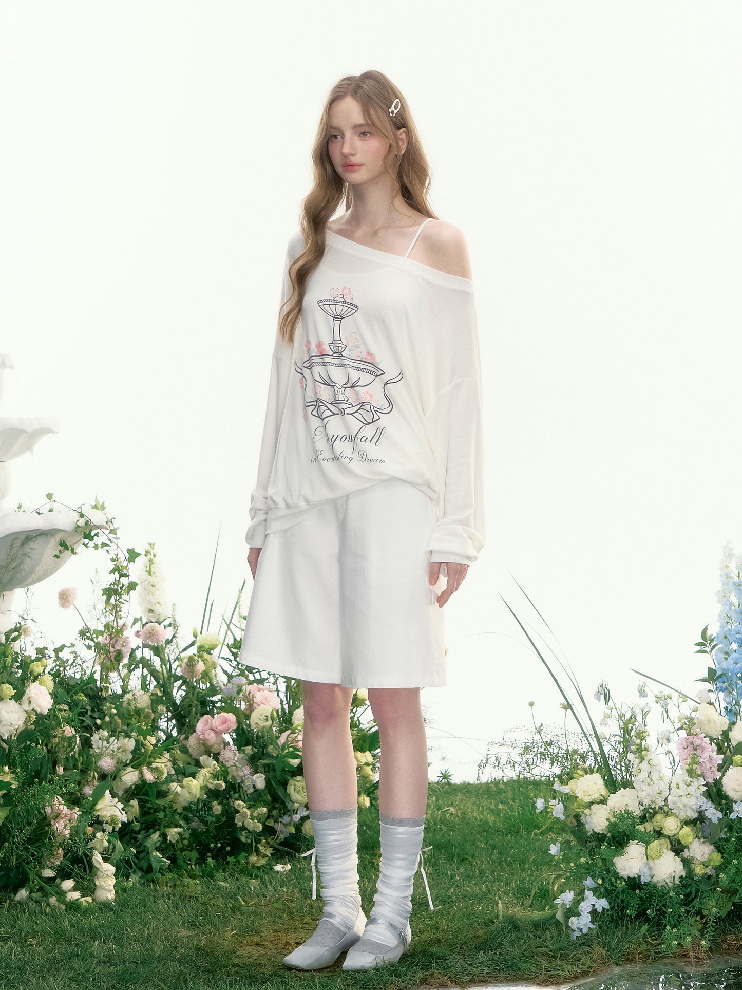 Printed Off-Shoulder Relaxed Fit T-Shirt
