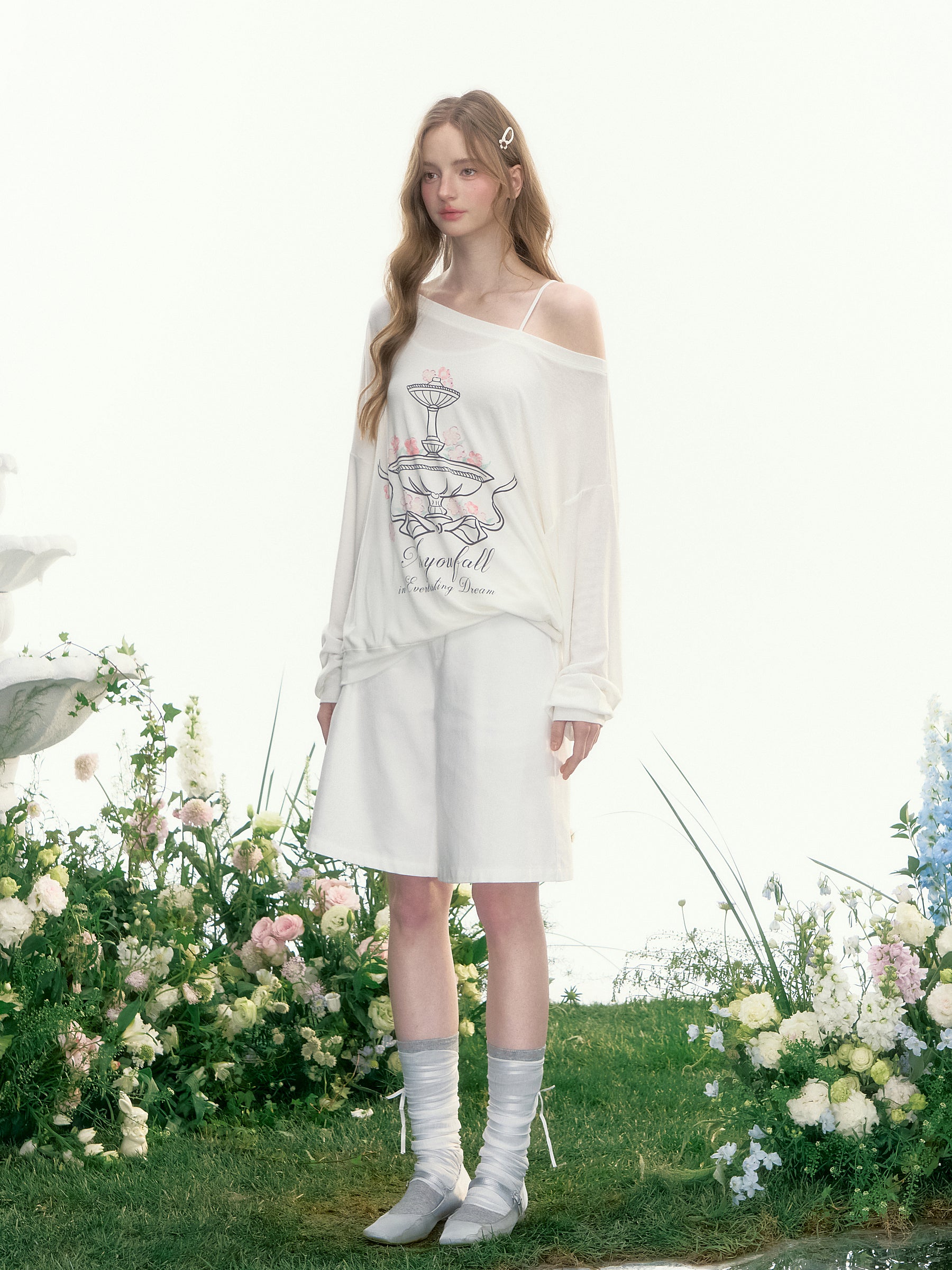 Printed Off-Shoulder Relaxed Fit T-Shirt