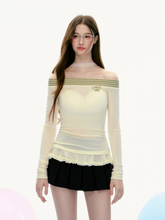 Off-Shoulder Sporty Sheer Top With Ruffled Hem