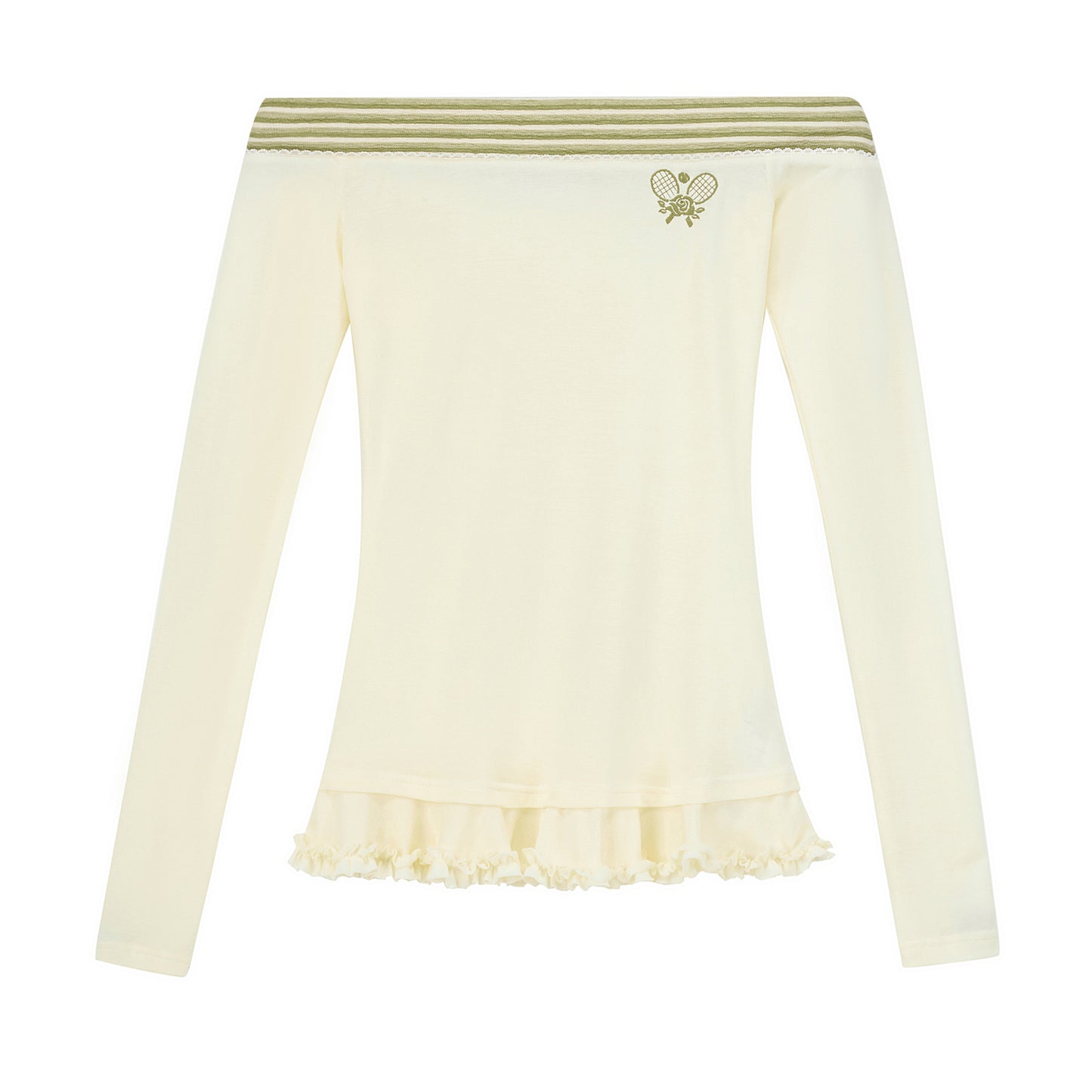 Off-Shoulder Sporty Sheer Top With Ruffled Hem