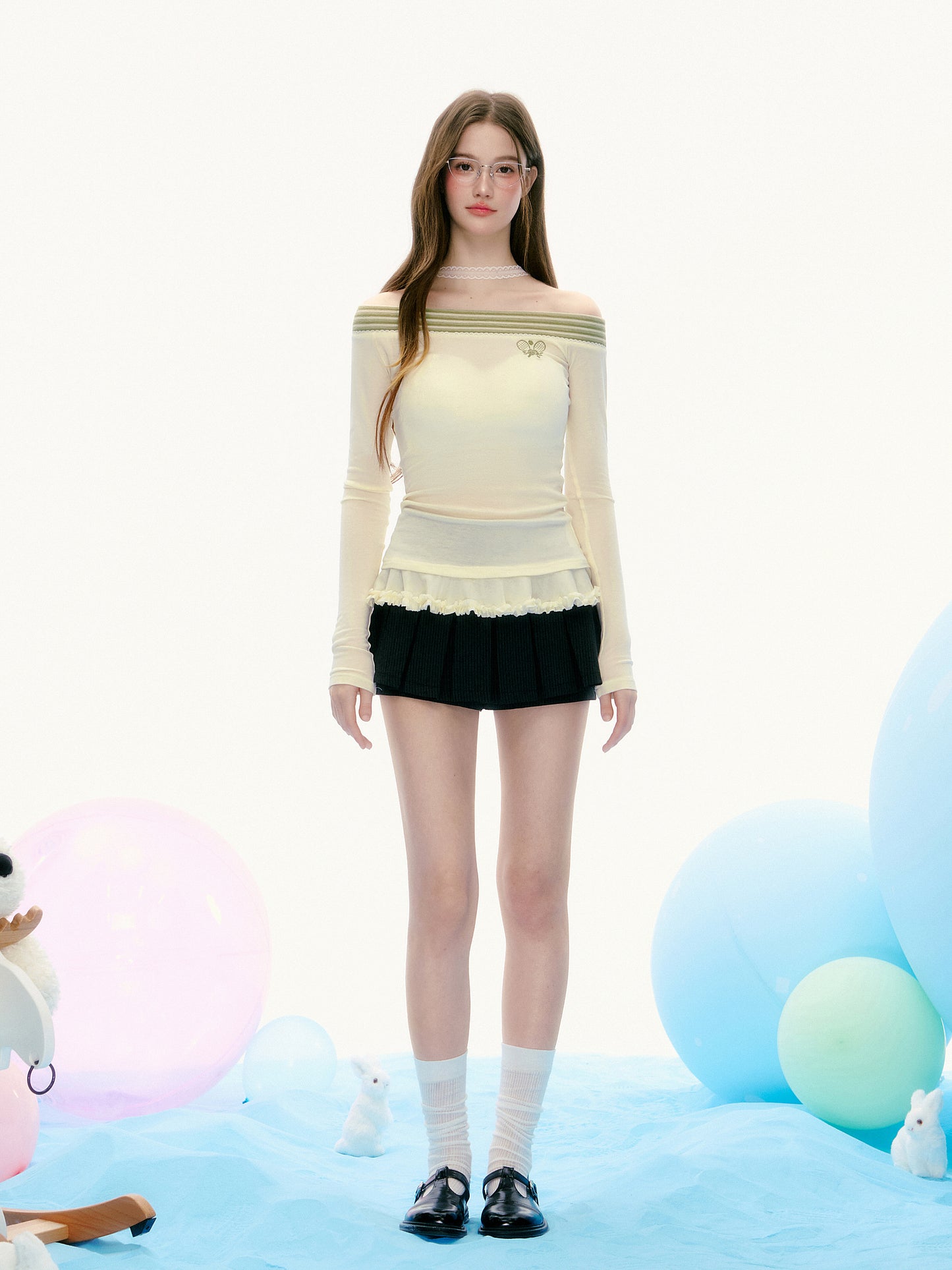 Off-Shoulder Sporty Sheer Top With Ruffled Hem