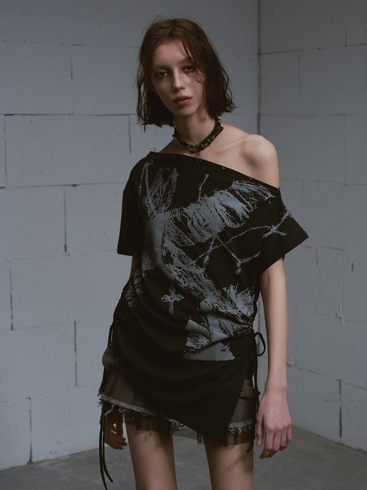Gothic Print One-Shoulder Asymmetric Top