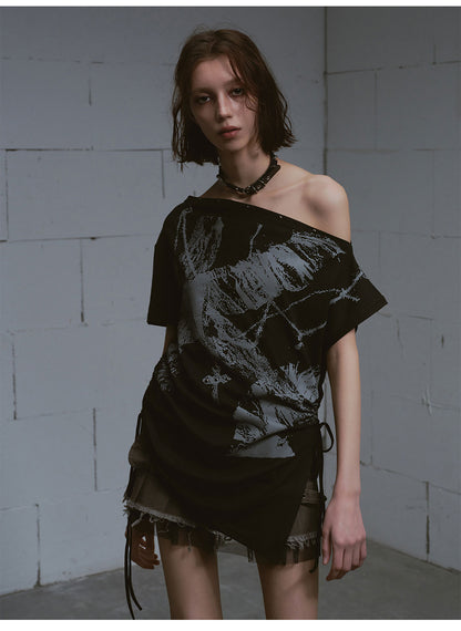 Gothic Print One-Shoulder Asymmetric Top