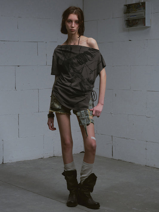 Gothic Print One-Shoulder Asymmetric Top