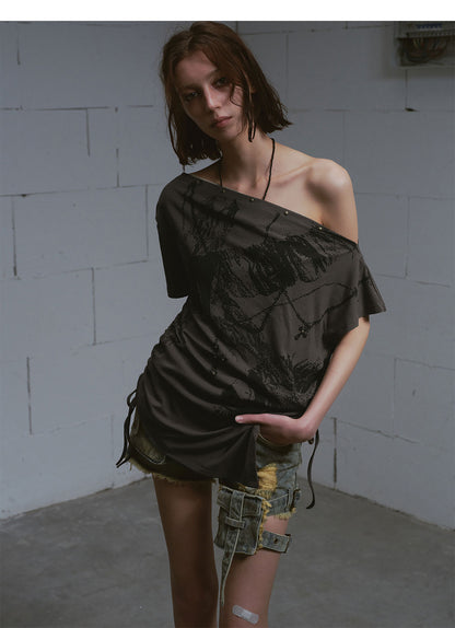 Gothic Print One-Shoulder Asymmetric Top