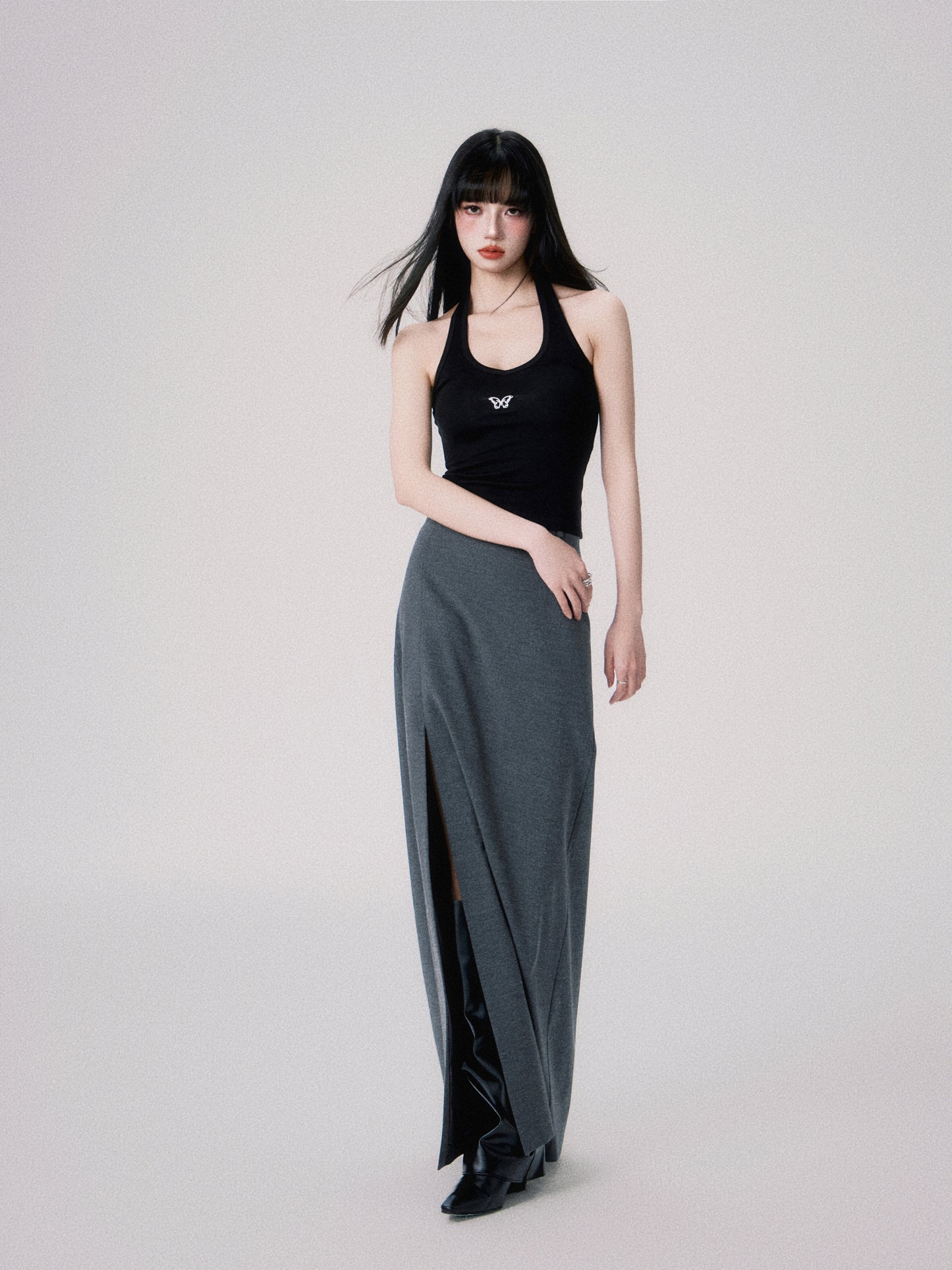 Double Slit Tailored Straight Maxi Skirt