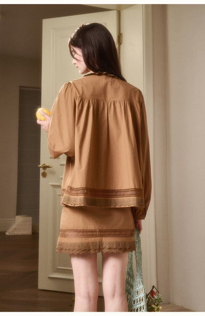 Ruffled Neck Puff-Sleeve Cotton Blouse & Skirt